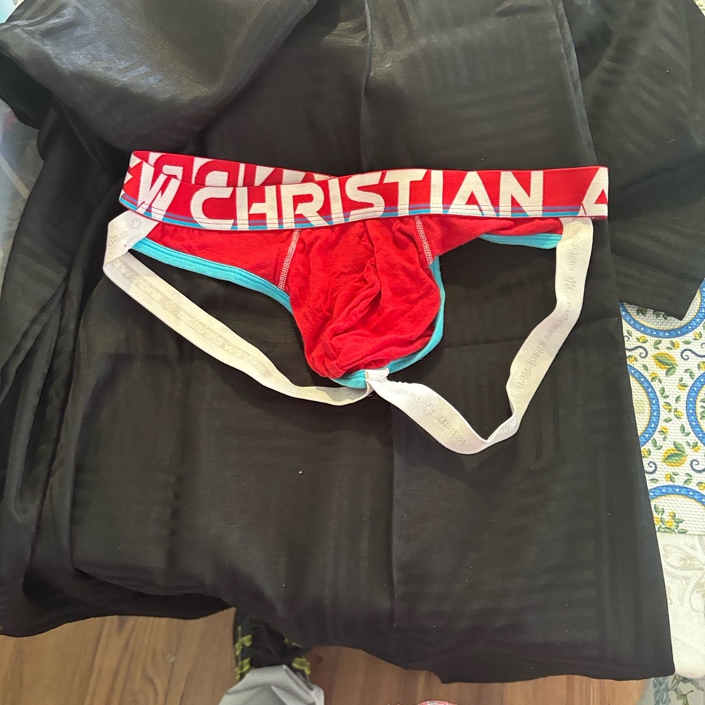 Andrew Christian Red Briefs with White and Blue Accents